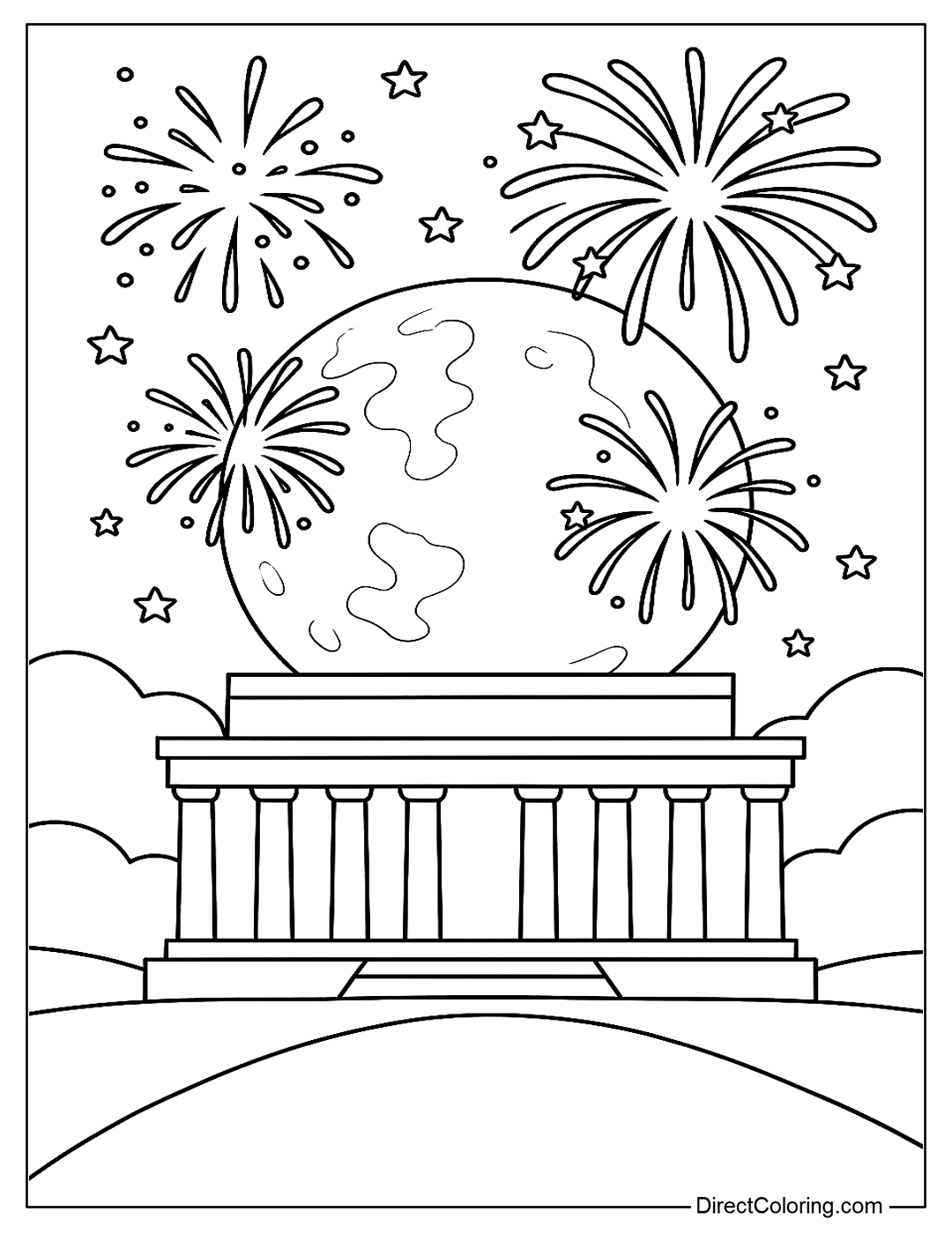 coloring page with fireworks in the sky above the memorial monument